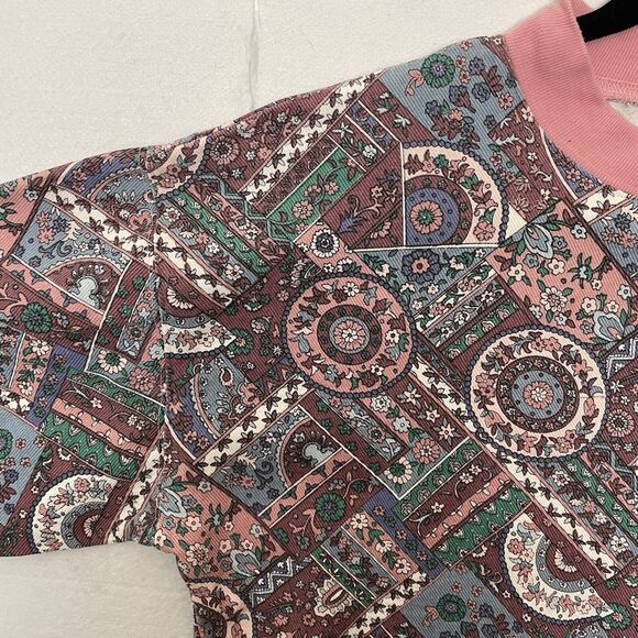 Vintage 90's Pink Patchwork Tapestry Fabric Print Top Sz Medium Made In USA - Picture 6 of 14